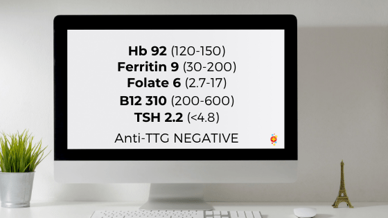 Blood results showing iron deficiency anaemia