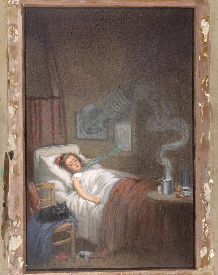 A Victorian era painting showing the ghostly spirit of diphtheria lingering over a little girl.